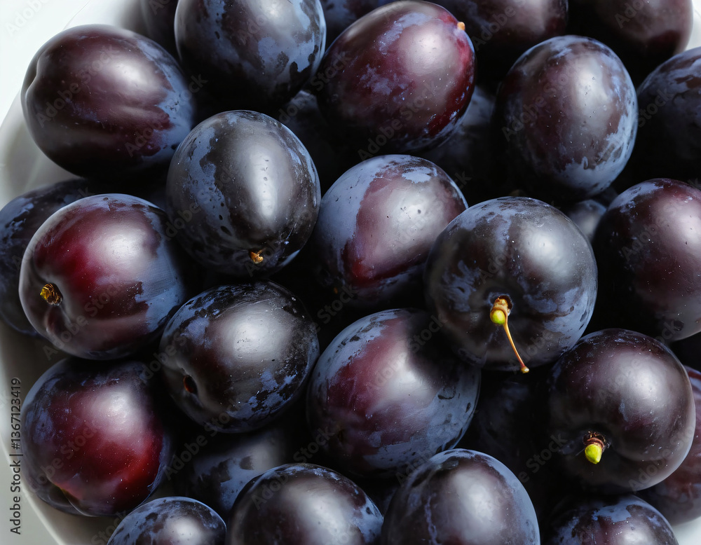 Fototapeta premium Heap of Fresh Juicy Black Plums in a Bowl