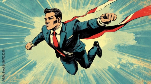 Wallpaper Mural A businessman, dressed in a suit, takes flight, showcasing his heroic spirit. This retro-style image celebrates the power and bravery of business professionals. illustration Torontodigital.ca