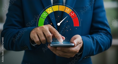 Customer Satisfaction Survey on Phone: Business Man Checking Feedback Gauge for Service Quality & Experience. Digital NPS Score Concept
