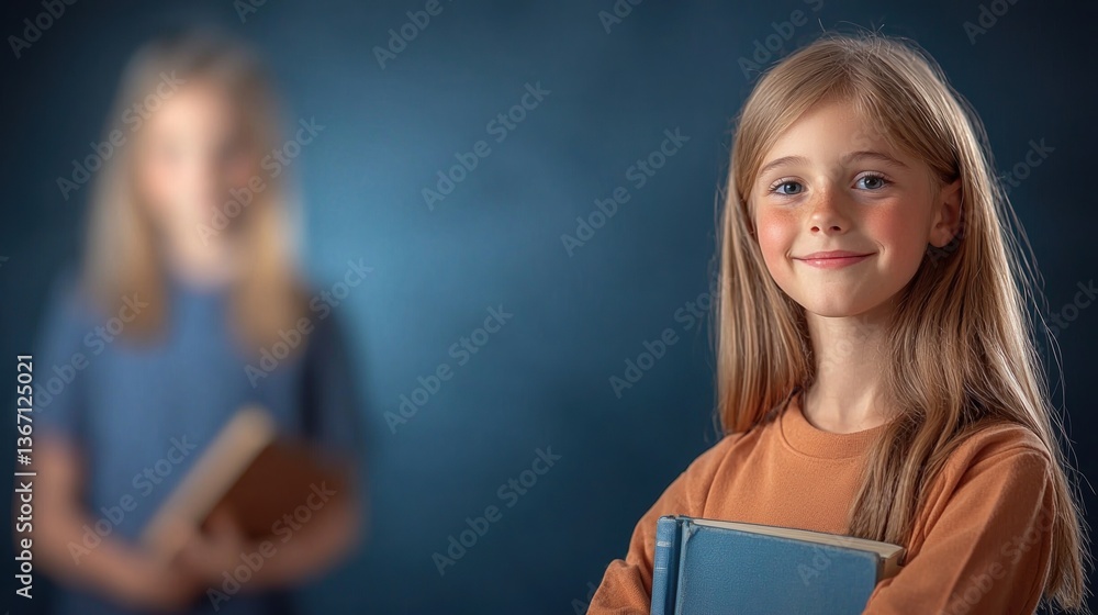 smiling young girl holding book stands confidently in focus, with another blurred figure in background smiling young girl holding book stands confidently in focus, with another blurred figure in background