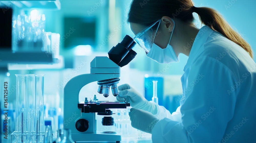 A medical researcher using an advanced microscope in a sterile lab, futuristic bio-research setup, soft blue and white lighting A medical researcher using an advanced microscope in a sterile lab, futuristic bio-research setup, soft blue and white lighting