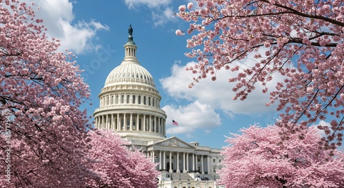 Framed by blooming cherry blossoms, the white facade of the United States Capitol Building stands prominently under a clear blue sky
