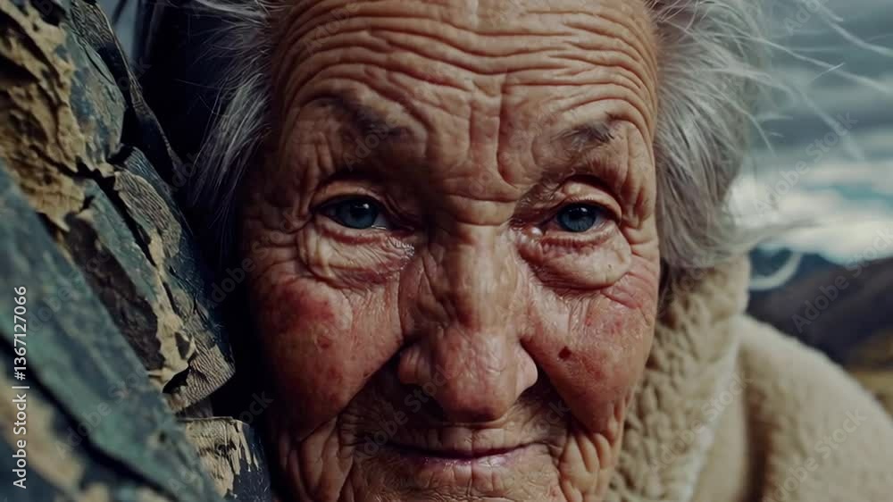 Elderly woman smiling behind a rock in a mountainous landscape Elderly woman smiling behind a rock in a mountainous landscape