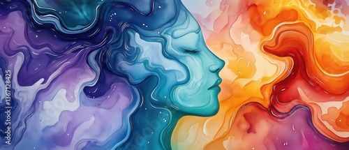 Abstract profile with swirling colors in vibrant blue and orange contrast