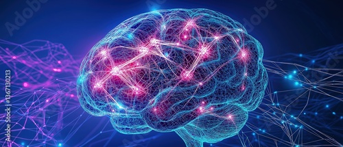 Digital illustration of a glowing neural network brain in blue and pink