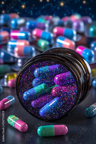 Colorful pills, space background