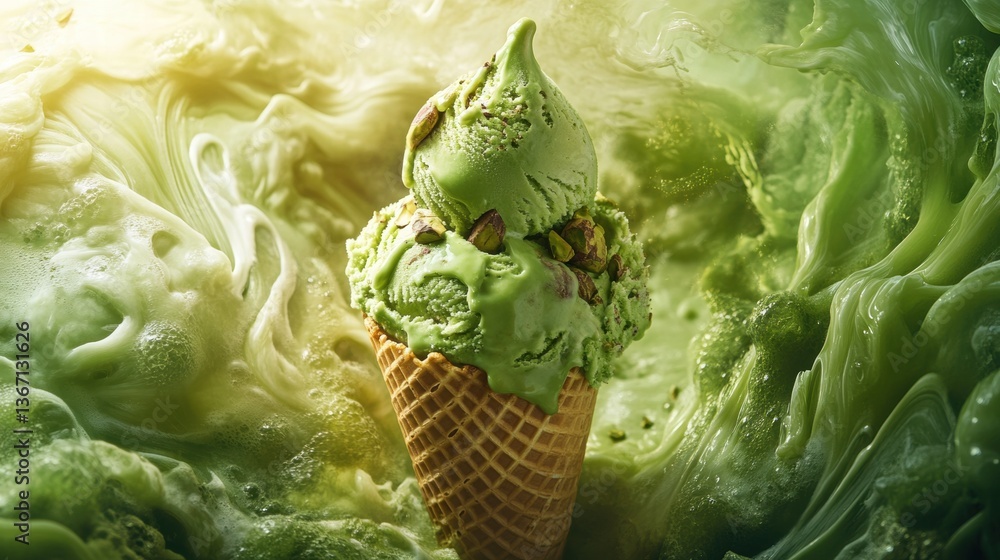 Obraz premium Pistachio ice cream cone, soft cream,japanese dessertai,3d,Realistic sweet ice cream summer dessert,for menu and banner,copy space,selective focus.