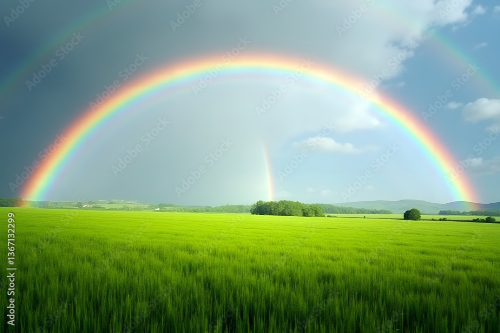 A field of lush green grass under a dramatic rainbow arching across the sky. A field of lush green grass under a dramatic rainbow arching across the sky.