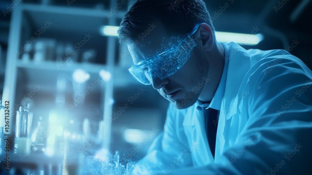 A researcher using augmented reality glasses, high-tech lab background with digital overlays and data, High-tech style A researcher using augmented reality glasses, high-tech lab background with digital overlays and data, High-tech style