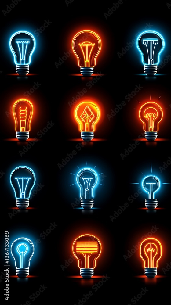 Twelve glowing lightbulbs in blue and orange. Twelve glowing lightbulbs in blue and orange.