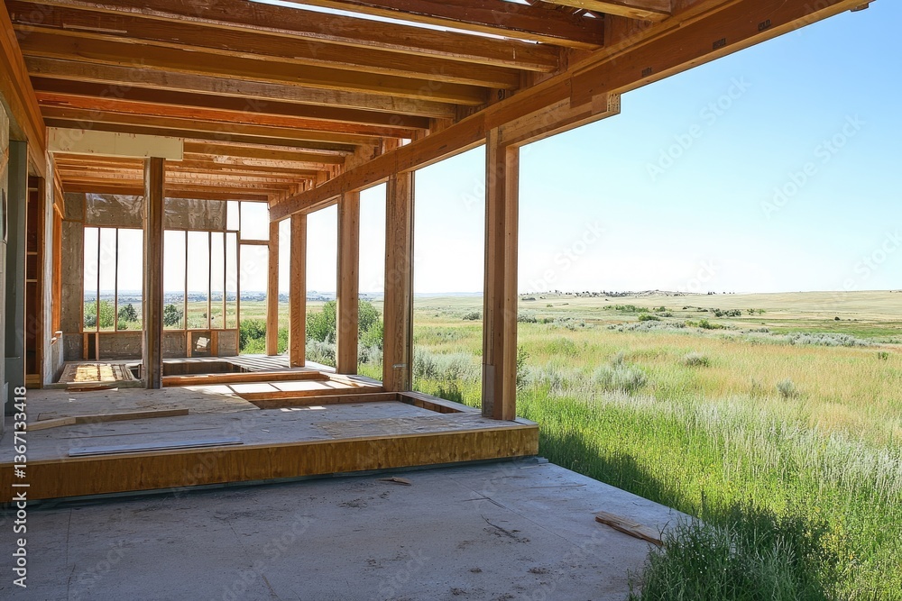 Under-construction home with expansive prairie views. Wooden beams support a covered porch, overlooking a vast grassy landscape. Interior construction is visible, with exposed framing Under-construction home with expansive prairie views. Wooden beams support a covered porch, overlooking a vast grassy landscape. Interior construction is visible, with exposed framing