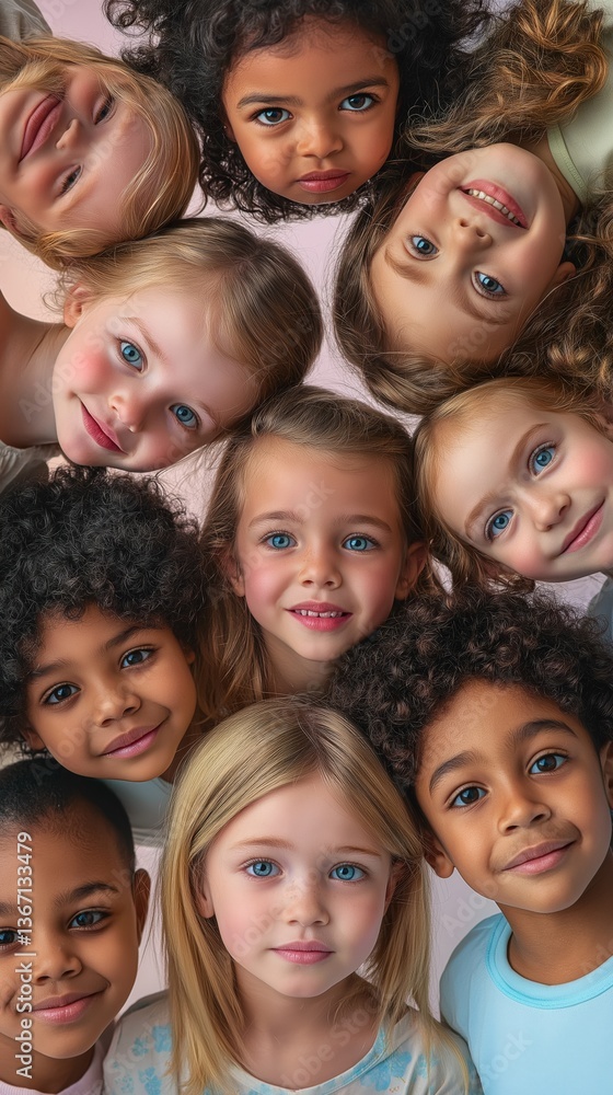 Diverse group of smiling children in circular formation on soft pink background Diverse group of smiling children in circular formation on soft pink background