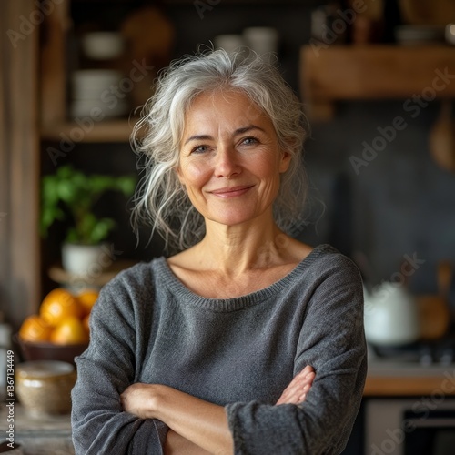 Portrait of smiling middle aged woman staying in the kitchen at home, single mature senior in living room