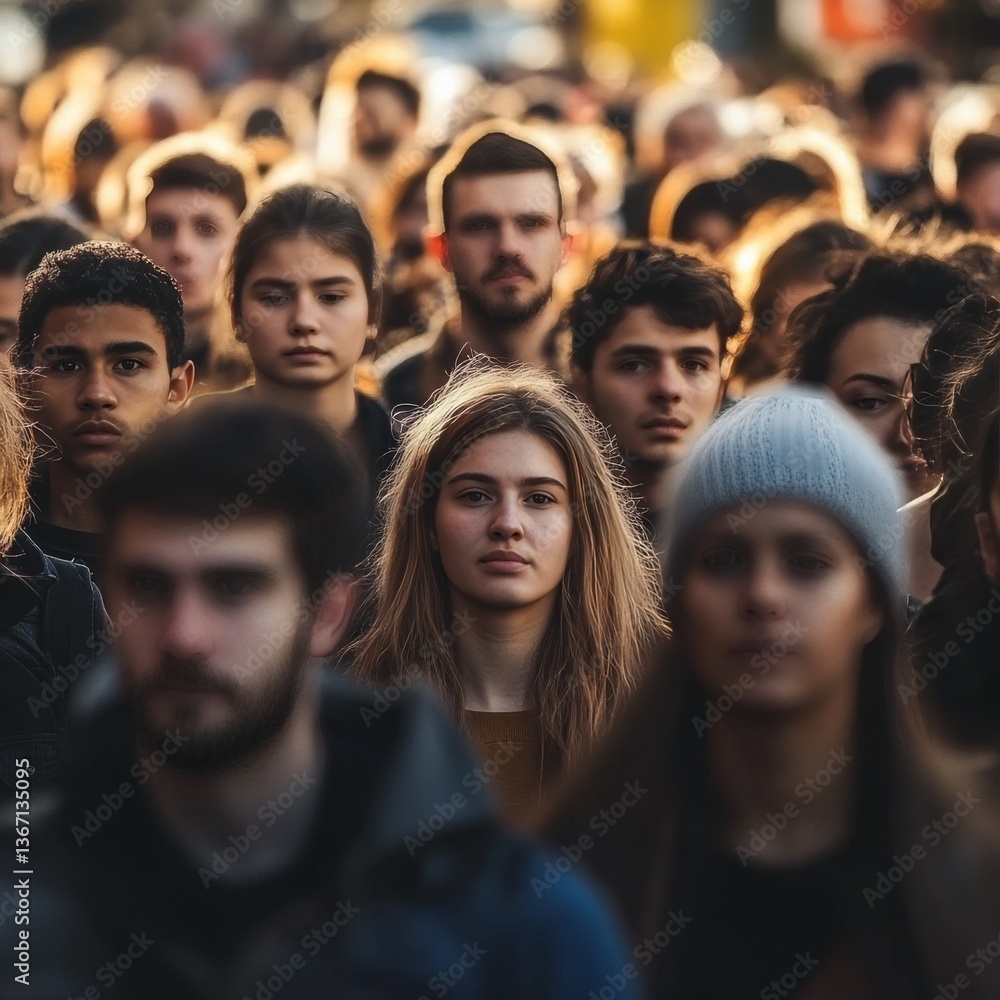 Diverse Crowd: A Sea of Faces in Focus, United by a Common Purpose under Warm Golden Light. Diverse Crowd: A Sea of Faces in Focus, United by a Common Purpose under Warm Golden Light.
