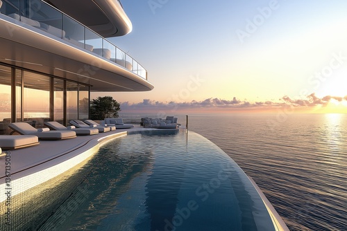 Luxurious infinity pool at modern oceanfront villa during sunset