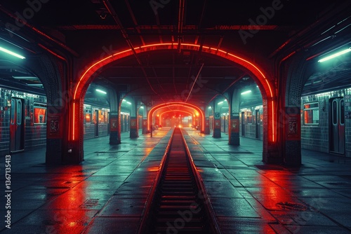 A futuristic subway station shows neon lights and metallic structures