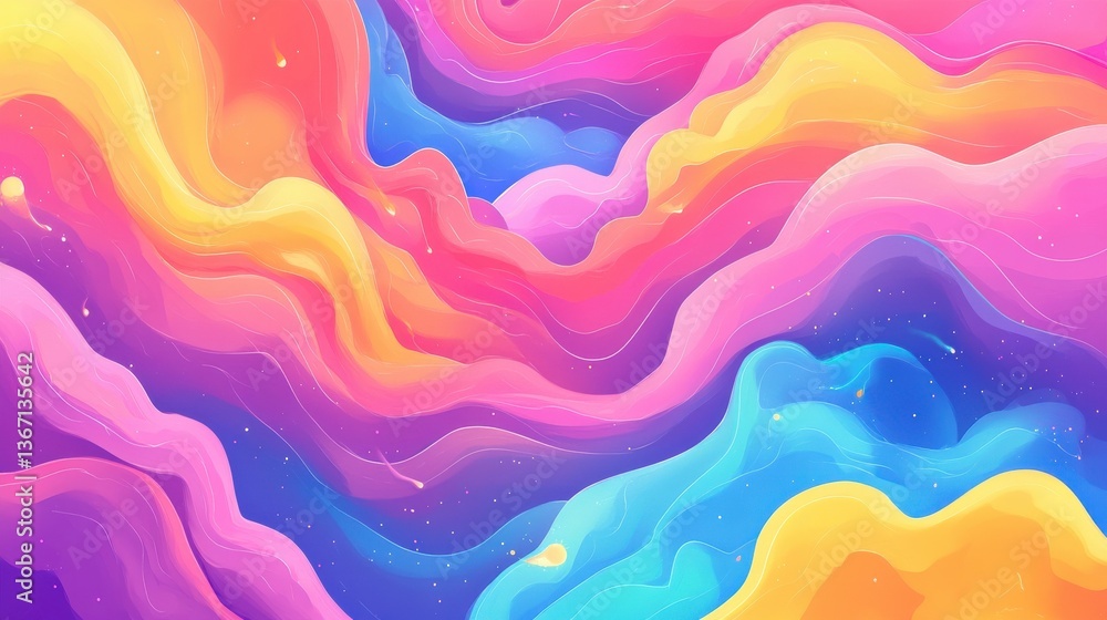 Fototapeta premium Hippie 60s 70s graphic design. Over the rainbow hippie vibes as retro stylish rainbow, clouds, wavy psychedelic doodle color background. Vintage happy abstract atmosphere. 1960s, 1970s, Generative AI
