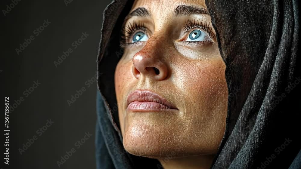 Woman in dark headscarf gazing upward with intense expression in soft light Woman in dark headscarf gazing upward with intense expression in soft light