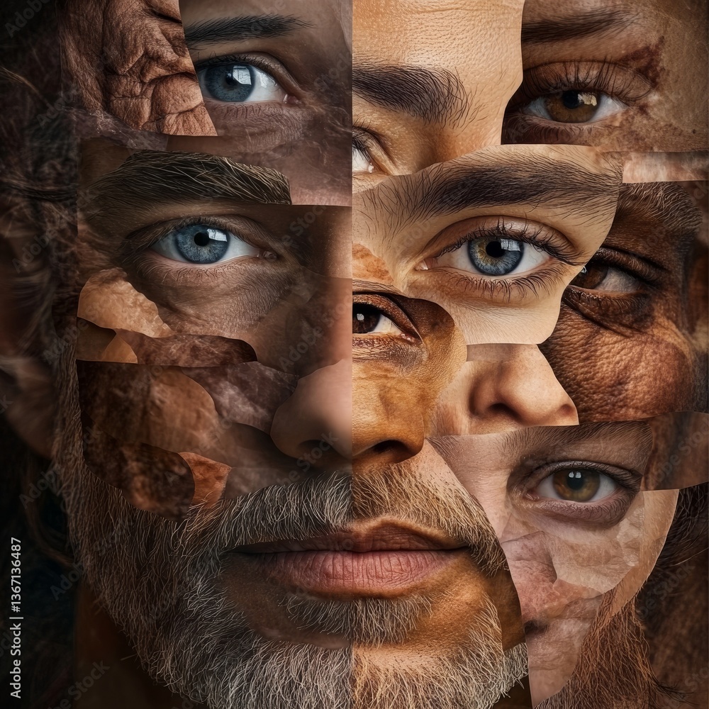 Mosaic Portrait: A Collage of Humanity Representing Diversity, Age, and the Intricacies of the Human Face