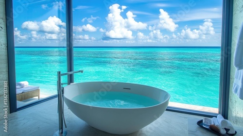 A sleek  modern bathroom featuring a tub with a breathtaking view of the turquoise ocean through large windows  creating a serene and relaxing atmosphere for real estate