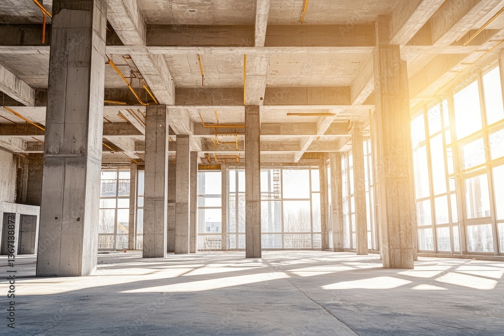 Empty construction site, sunlight streams through large windows Empty construction site, sunlight streams through large windows