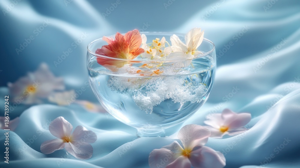 A surreal and ethereal still life of clear liquid in a floating glass, with frozen edible flowers inside, creating a dreamlike and ultra-realistic concept art A surreal and ethereal still life of clear liquid in a floating glass, with frozen edible flowers inside, creating a dreamlike and ultra-realistic concept art