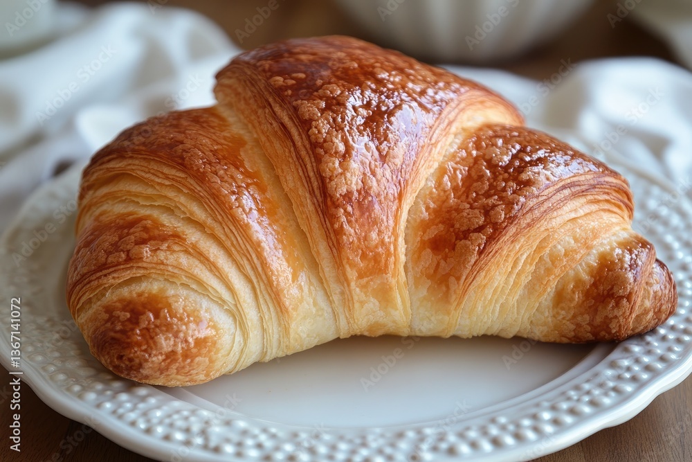 A golden buttery croissant displayed perfectly on a white plate A golden buttery croissant displayed perfectly on a white plate