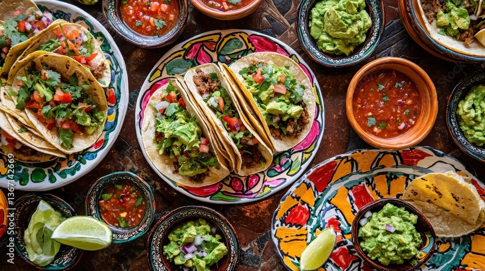 Vibrant mexican cuisine spread with tacos, guacamole, and fresh salsa on colorful plates Vibrant mexican cuisine spread with tacos, guacamole, and fresh salsa on colorful plates