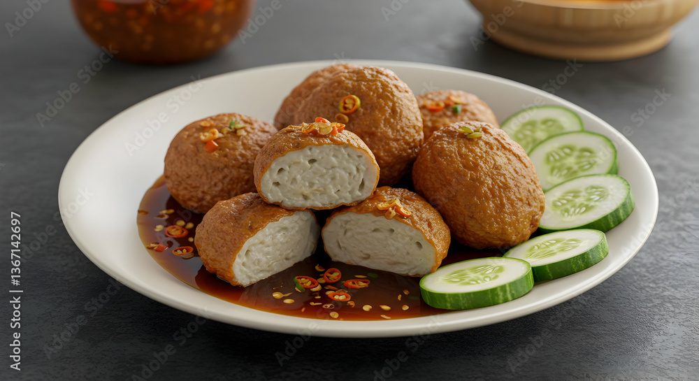 Fototapeta premium Appetizing Fishcake Bites with Cucumber Slices and Brown Sauce