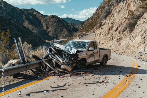 Damaged pickup truck crashed on mountain road with guardrail and scattered debris