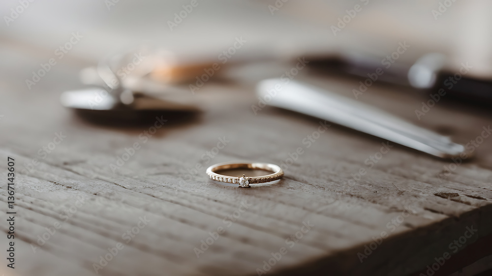 A delicate gold ring with diamonds on a wooden surface Jewelry craftsmanship close-up A delicate gold ring with diamonds on a wooden surface Jewelry craftsmanship close-up