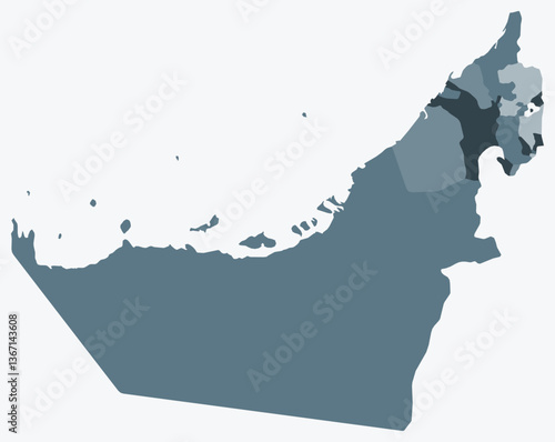 Map of United Arab Emirates with regions. Just a simple country border map with region division. Blue grey color palette. Flat United Arab Emirates shape with administrative division.