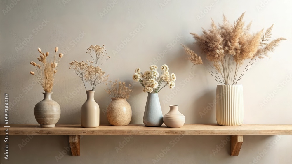 A collection of dried flowers arranged in various ceramic vases on a minimalist wooden shelf against a neutral wall background. A collection of dried flowers arranged in various ceramic vases on a minimalist wooden shelf against a neutral wall background.