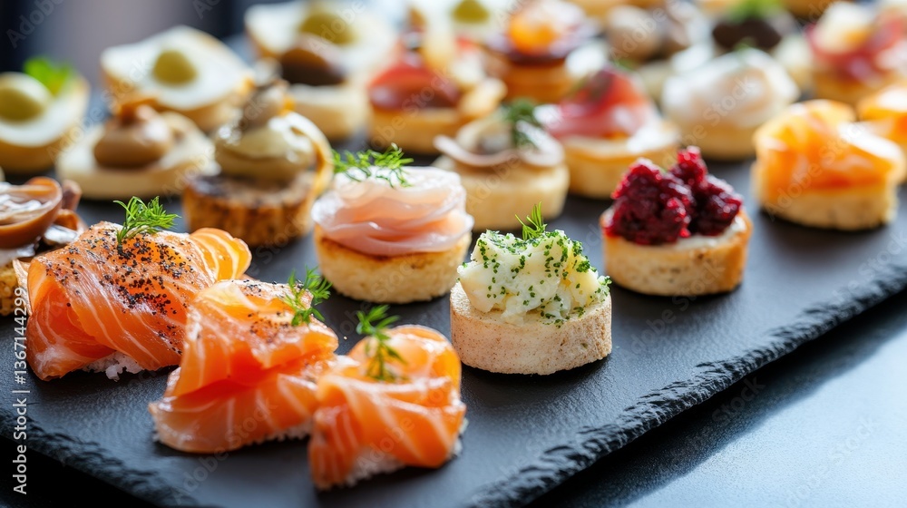 Canape selection on black slate board. Great for party, catering, or elegant events. Canape selection on black slate board. Great for party, catering, or elegant events.