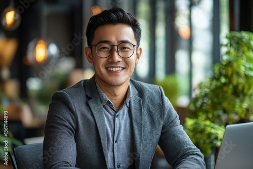 Close up portrait of successful asian financier investor, adult boss smiling and looking at camera, man working inside office at workplace with laptop