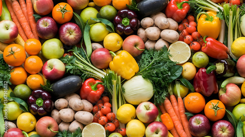 Colorful array of fresh fruits and vegetables.

