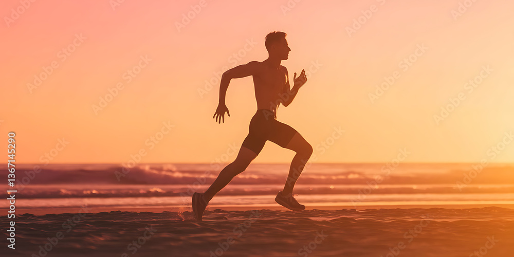 Silhouette runner on beach at sunset Golden hour active lifestyle Coastal fitness Silhouette runner on beach at sunset Golden hour active lifestyle Coastal fitness