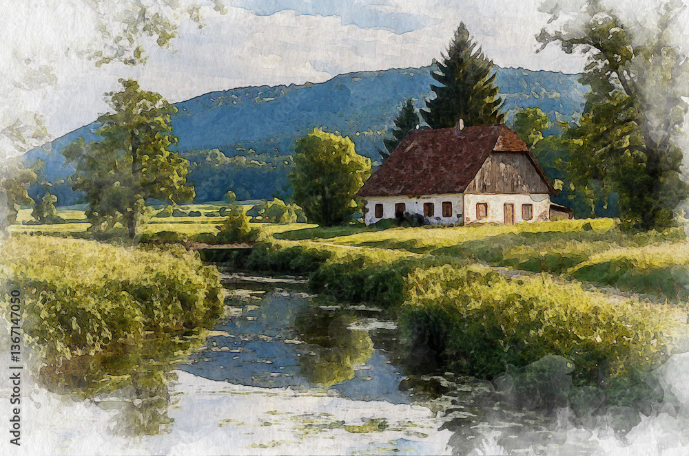 Obraz premium Summer village landscape, house, field and trees. Watercolor illustration generated by AI.