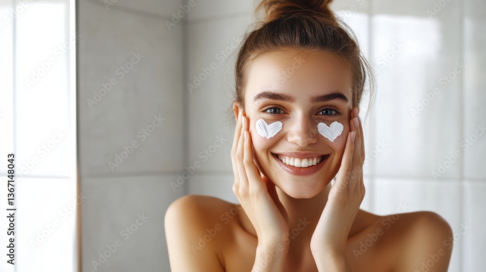 Caucasian white young woman, flawless skin, modern bathroom, open smile, applying white heart-shaped SPF cream smear, moisture, skincare, sun protection, sunscreen, banner, self-care hydration concept Caucasian white young woman, flawless skin, modern bathroom, open smile, applying white heart-shaped SPF cream smear, moisture, skincare, sun protection, sunscreen, banner, self-care hydration concept
