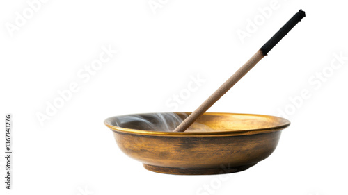 Transparent background, isolated png. Burning Incense Stick in a Gold Bowl