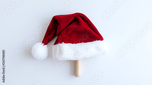 Red Santa hat, white fur trim, wooden stick.
