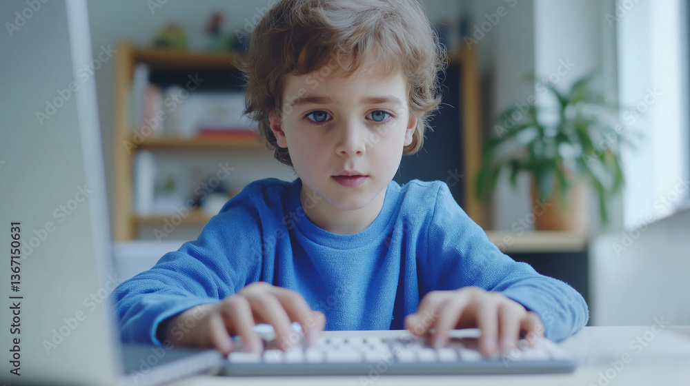 Caucasian child focused on computer work in bright room Caucasian child focused on computer work in bright room