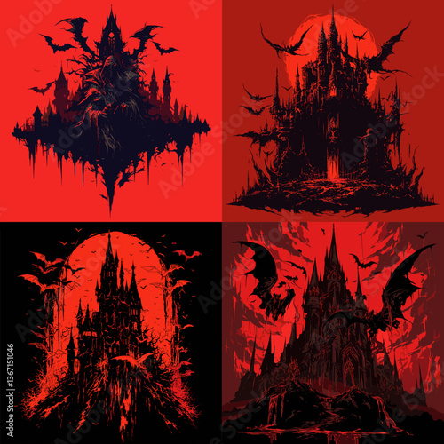 Dark gothic castle silhouettes in horror fantasy style, eerie red and black vampire fortress scenes with bats and full moon, perfect for spooky digital artwork or Halloween themes.


