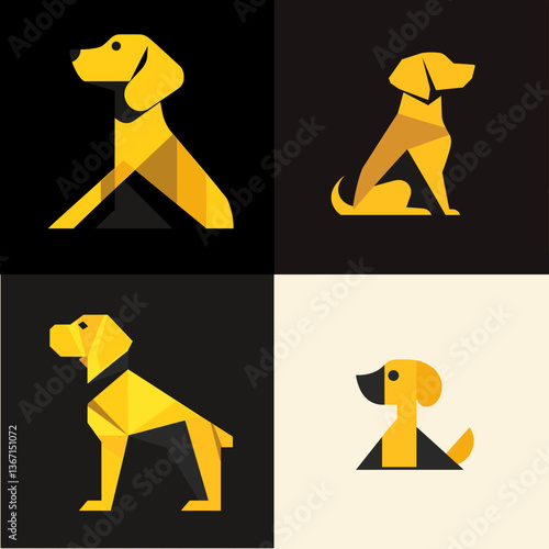 Minimalist geometric dog vector illustrations in modern flat style, stylized pet silhouettes perfect for logos, icons, branding, stickers, and digital artwork.


