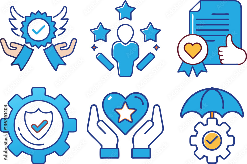 Collection of Six Blue Assurance Icons Hands, Shield, Gear, Star, Heart, and Document Collection of Six Blue Assurance Icons Hands, Shield, Gear, Star, Heart, and Document
