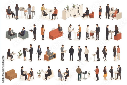 Isomeric business people big  set. Business men and women. Teamwork, cooperation, coworking. Workspace.  characters isolated on white