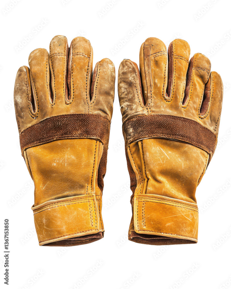Transparent background, isolated png. Well Worn Leather Work Gloves on Transparent Background Transparent background, isolated png. Well Worn Leather Work Gloves on Transparent Background