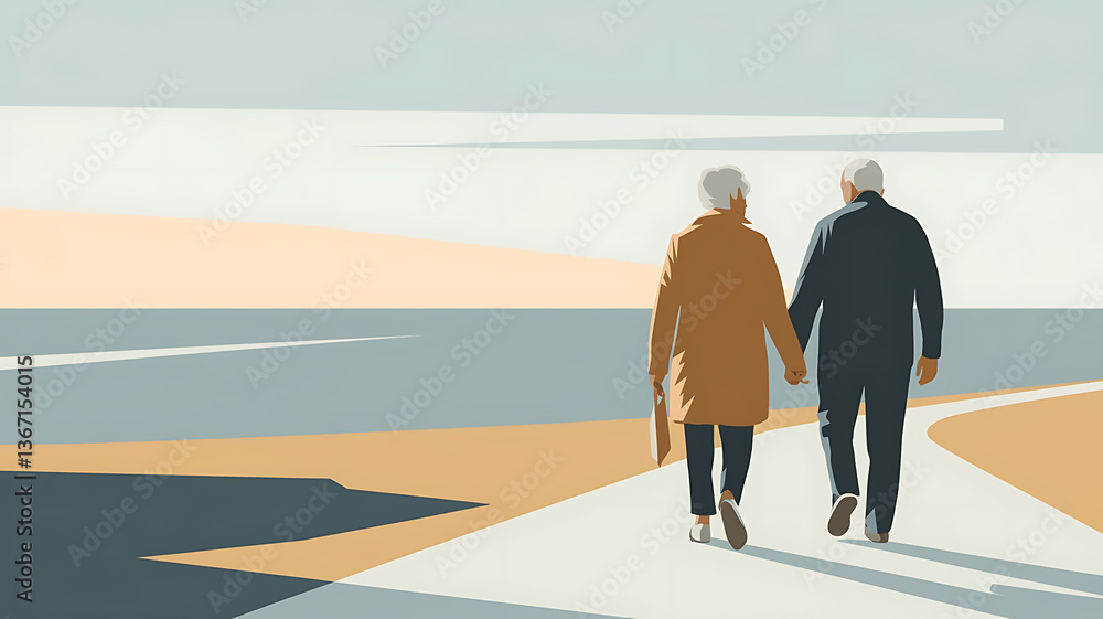 A serene minimalist image of an elderly couple walking hand-in-hand along a coastal path A serene minimalist image of an elderly couple walking hand-in-hand along a coastal path