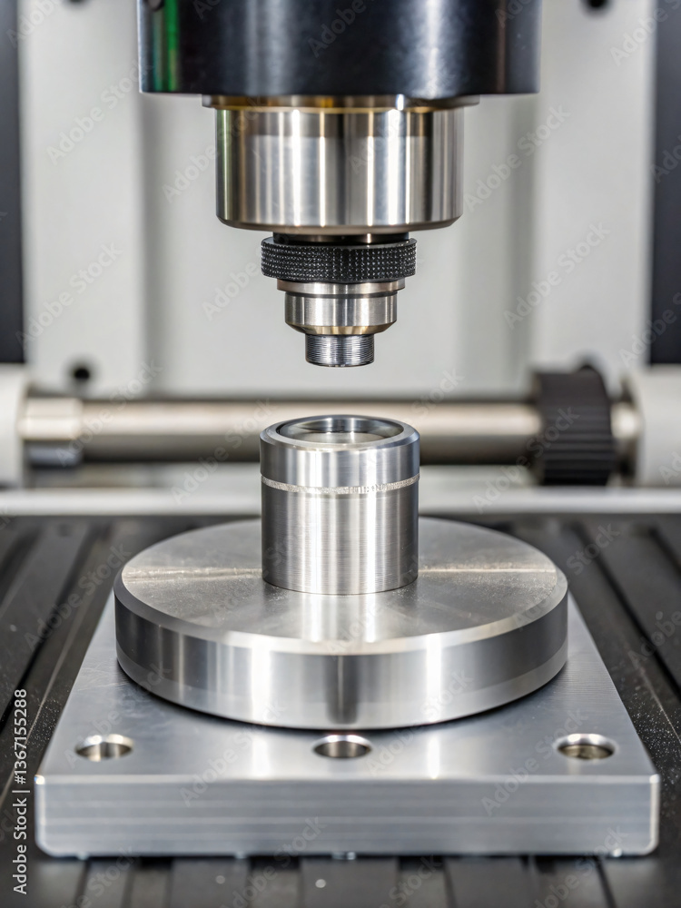 Precision machining process with CNC machine and metallic workpiece on table Precision machining process with CNC machine and metallic workpiece on table