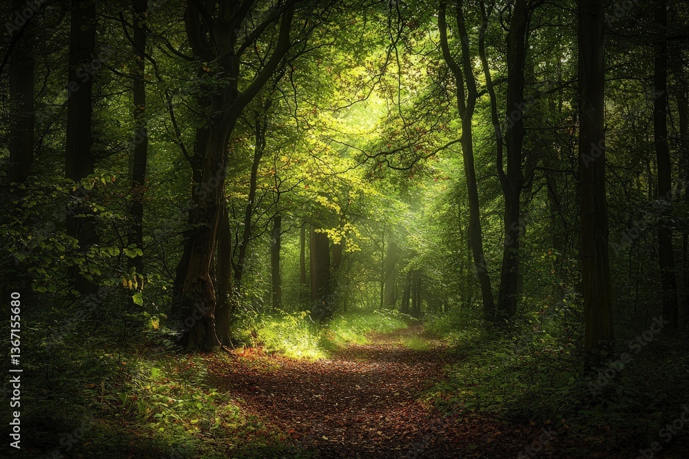 Obraz premium Serene forest path illuminated by sunlight through lush green foliage